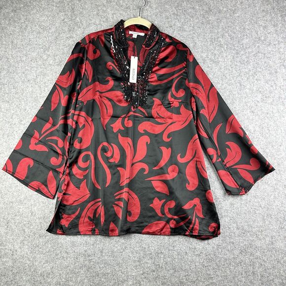 Chicos Top Blouse Size 1 Embellished Tunic Festive Scroll LS Allure Red NEW $129 - Picture 1 of 15